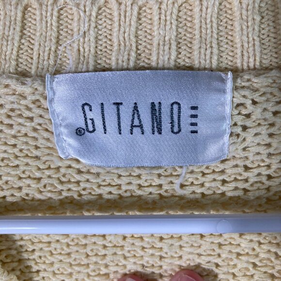 Womens Vintage 80s Gitano V Neck Cable Knit Sweater Floral Yellow L 3/4 Sleeve - Picture 6 of 8